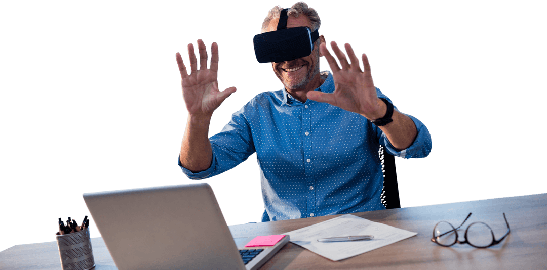 Elderly Man Enjoying Virtual Reality with Laptop on Transparent Background