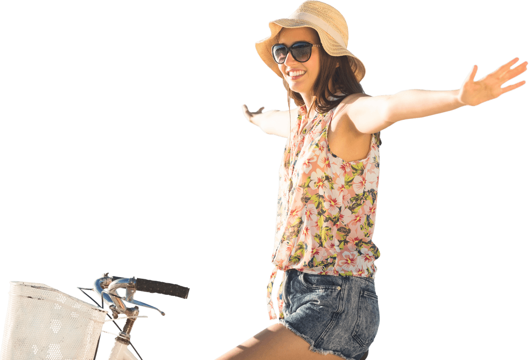 Joyful Caucasian Woman on Bicycle with Transparent Background