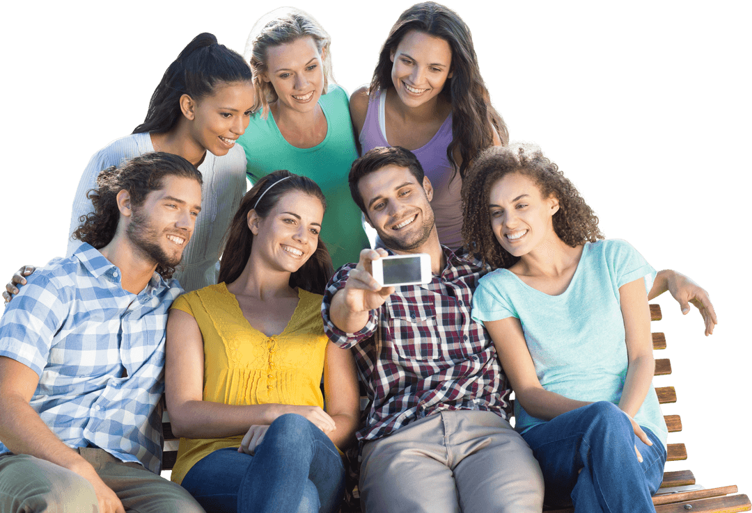 Happy Friends Group Taking Selfie Outdoors Transparent Background