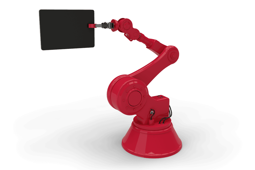 Red Robot Arm Holding Tablet on Transparent Background