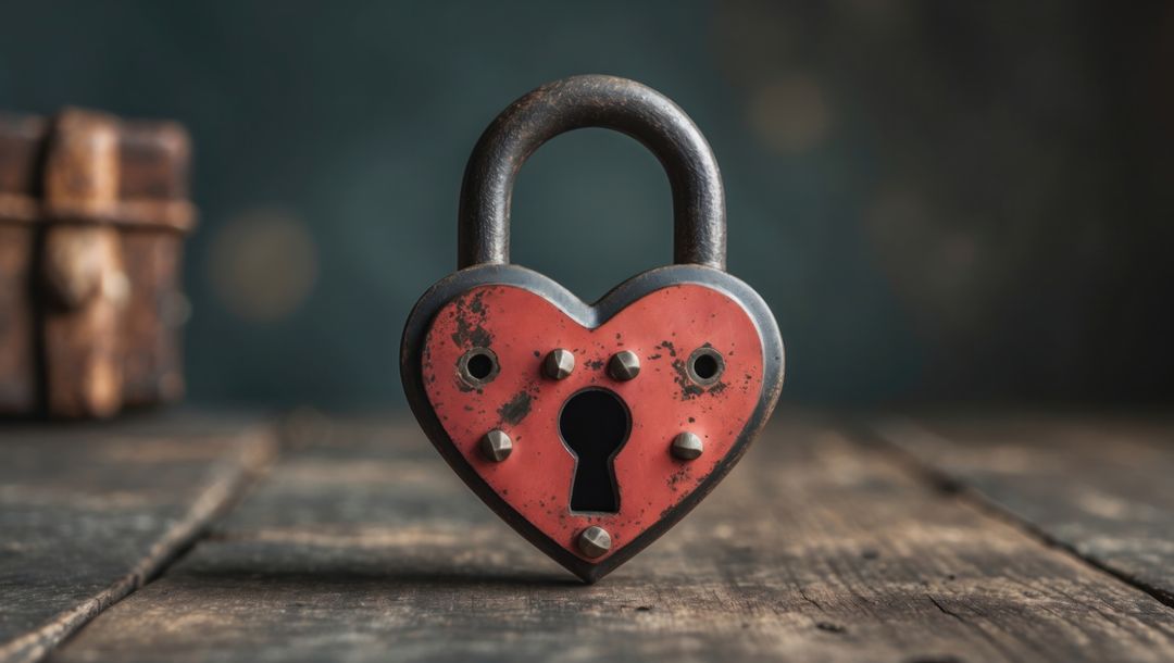 Vintage Heart-Shaped Padlock on Rustic Wooden Surface