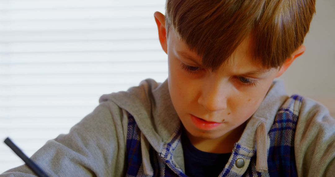 Focused Young Boy Doing Homework at Home