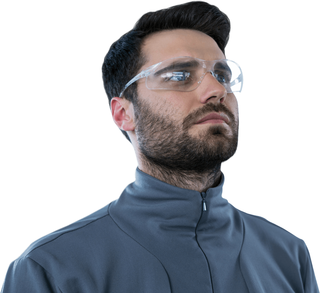 Transparent Protective Eyewear on Bearded Man in Grey Jacket