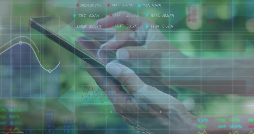 Mature hands holding smartphone, swiping through financial charts and analytics overlay
