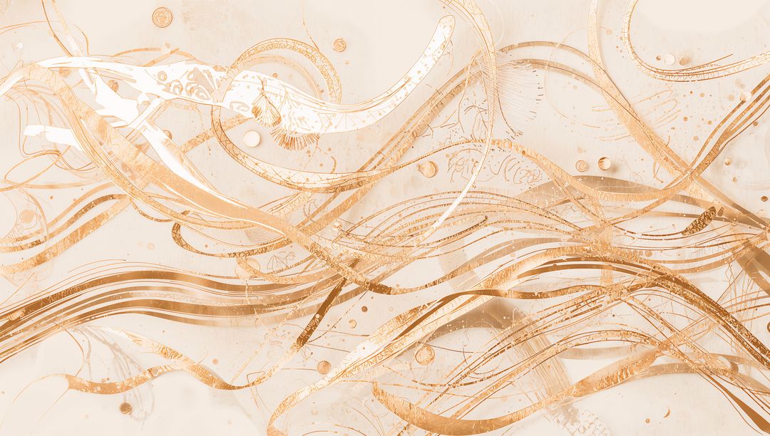 Flowing abstract metallic ribbons creating rhythmic golden waves on beige canvas for luxe decor