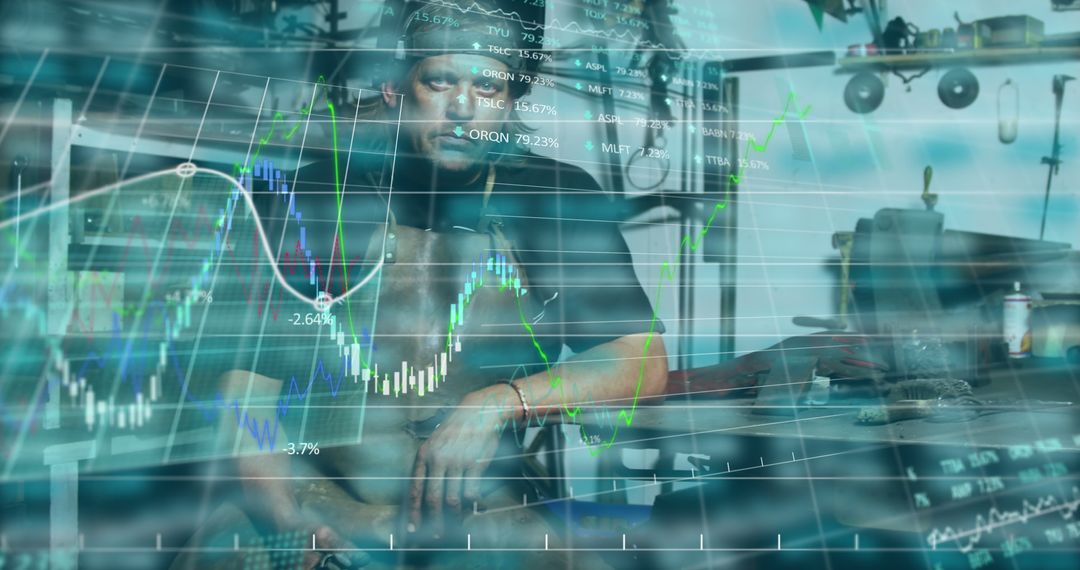 Stock Market Data Superimposed on Pensive Man in Workshop - Free Images, Stock Photos and Pictures on Pikwizard.com