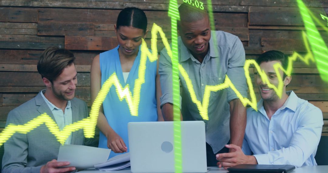 Diverse Colleagues Discussing Financial Data Overlay in Modern Office