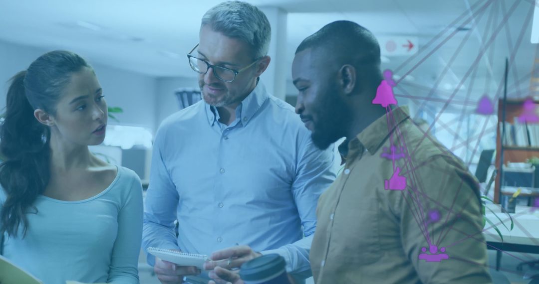 Team Collaborating with Digital Network Interface in Modern Office Environment