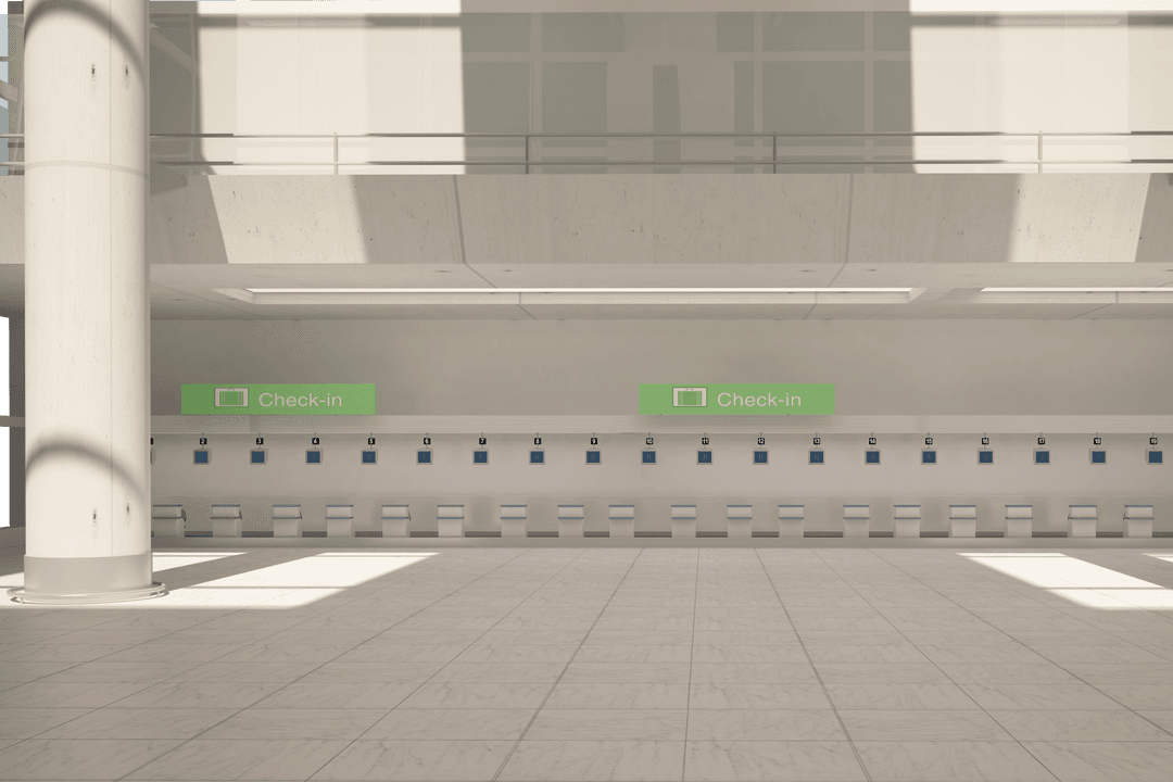 Transparent Airport Interior Mockup with Check-In Kiosks