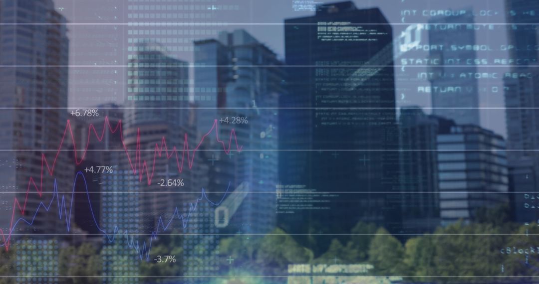 Binary Code and Financial Graphs Overlaying Urban Skyline
