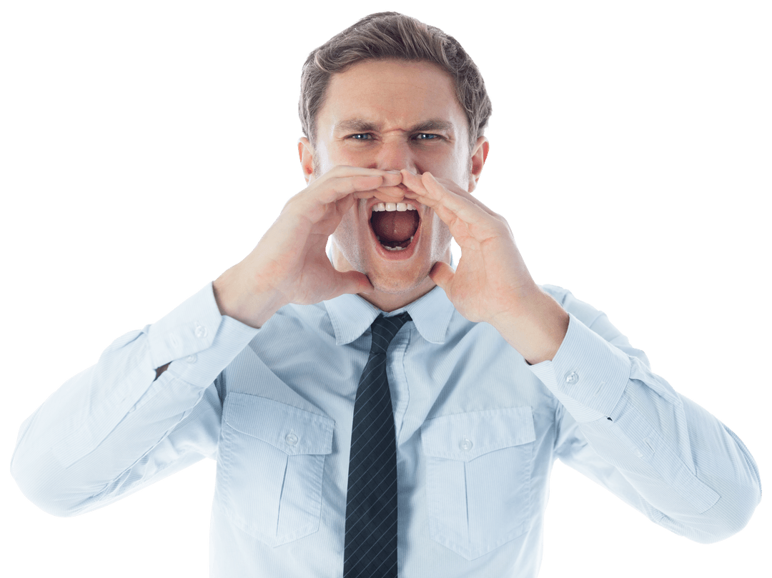 Caucasian Businessman Shouting on Transparent Background