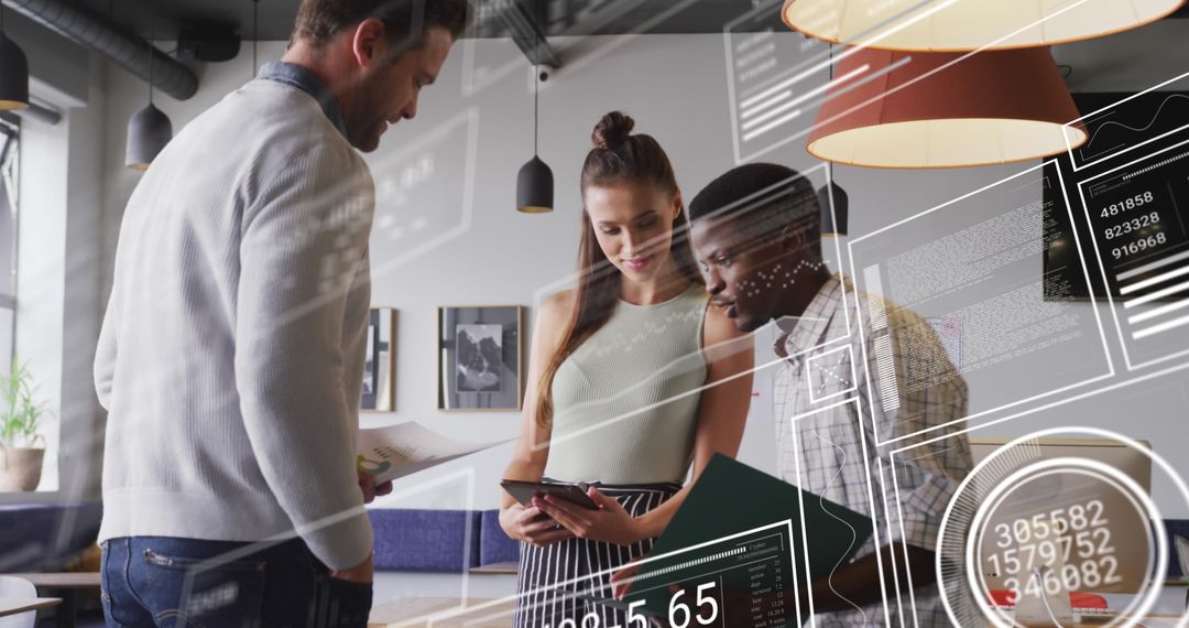 Diverse Team Discussing Analytics with Futuristic Data Overlays