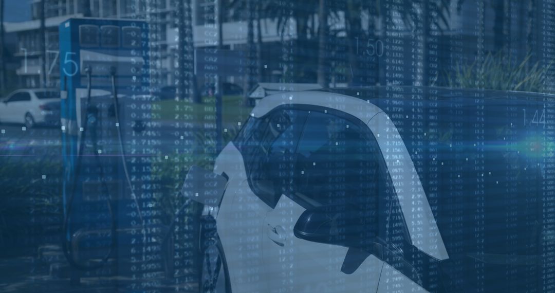Electric Car Charging with Digital Data Overlay Illustrating Eco-Tech