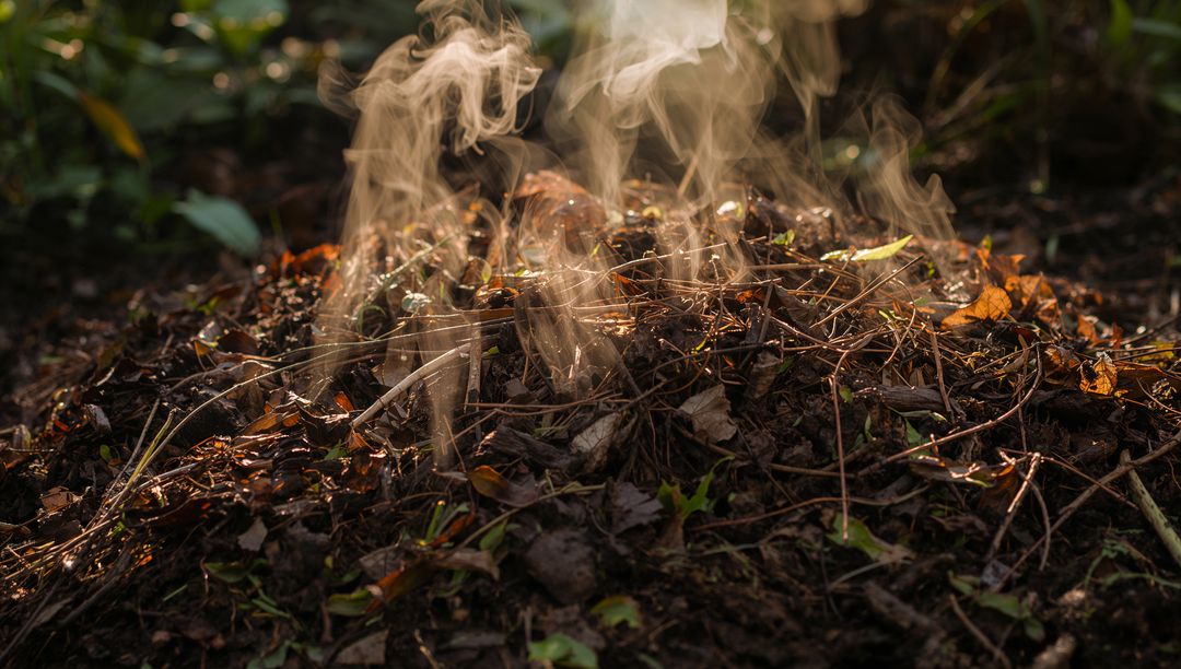 Steaming Decaying Leaf Pile Releasing Wisps of Smoke on Sunlit Forest Floor