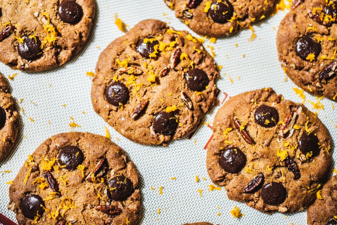 Freshly Baked Chocolate Chip Cookies with Pecan and Orange Zest