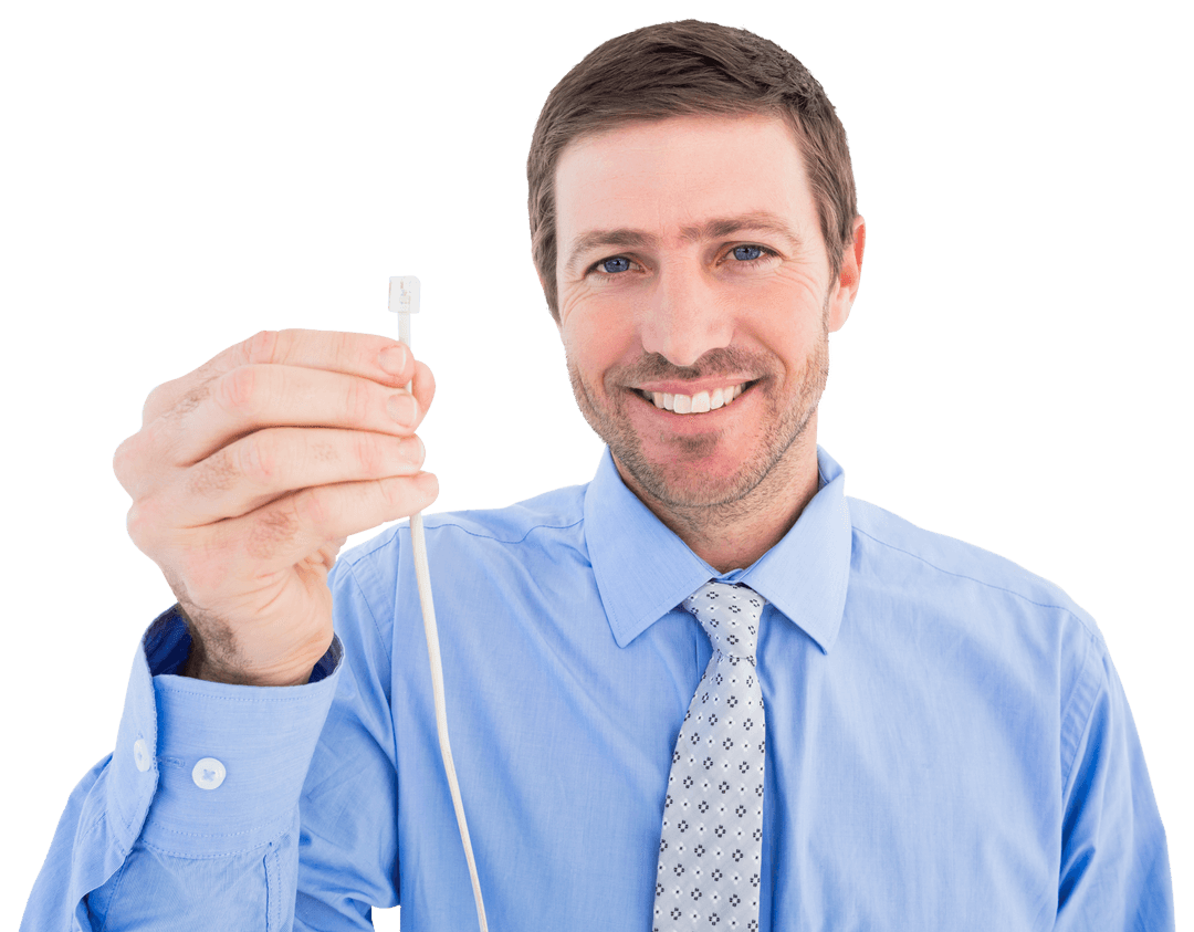Smiling Businessman Holding Network Cable on Transparent Background
