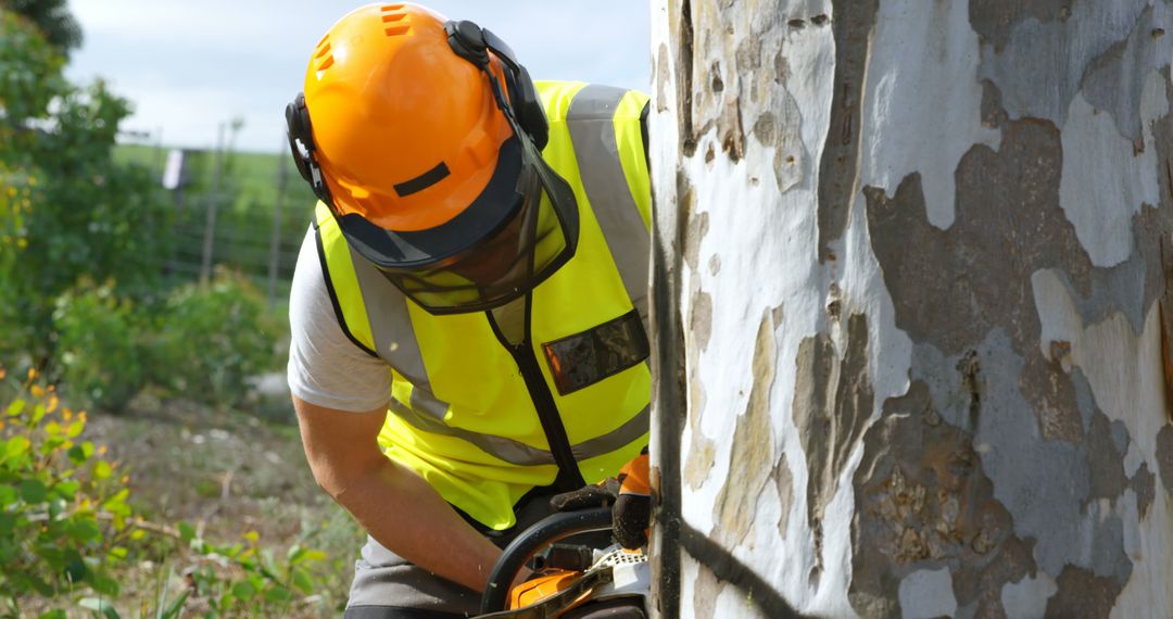 Lumberjack Cutting Tree with Chainsaw in Protective Gear - Free Images, Stock Photos and Pictures on Pikwizard.com