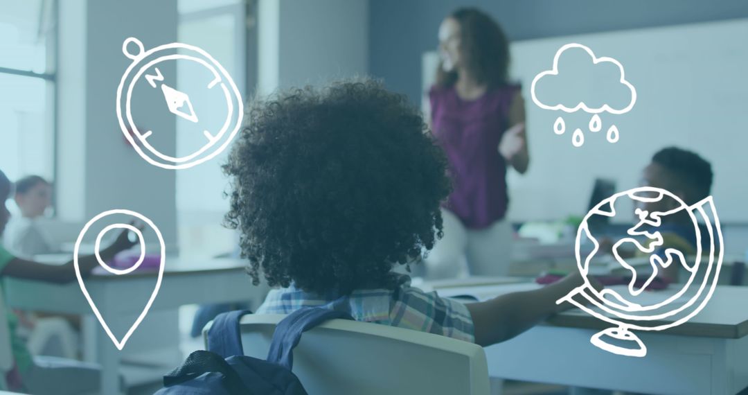 Diverse Classroom with Geography Icons and Teacher Engaging Students