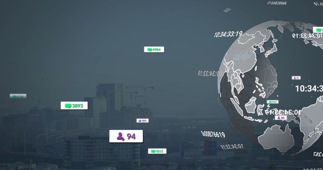 Social Media Icons Overlay on Cityscape with Spinning Globe