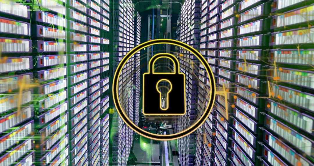Digital Security Padlock Over Futuristic Servers