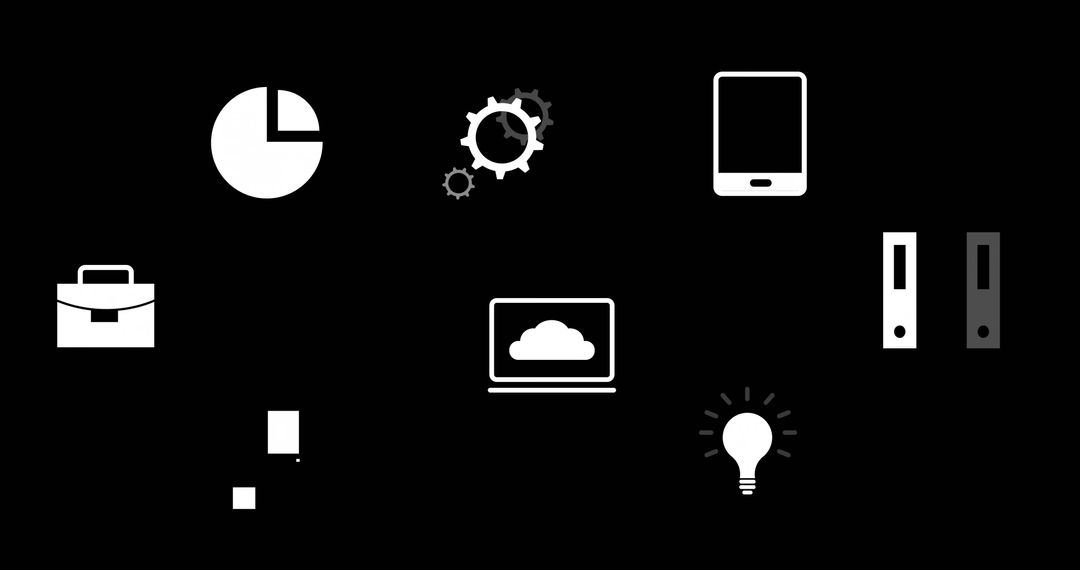 Floating Digital Office Icons On Black Background