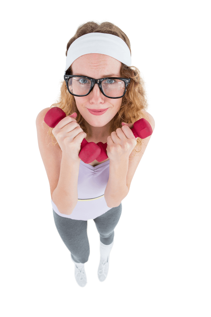Geeky Hipster Enthusiastically Exercising with Dumbbells on Transparent Background