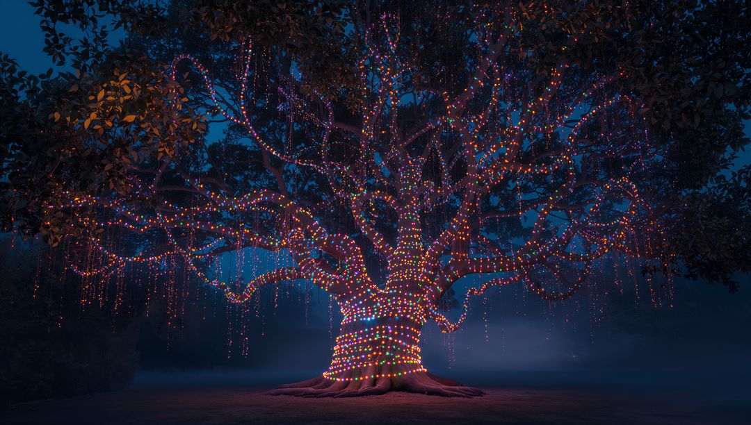 Majestic Tree Adorned with Colorful Lights in Misty Night Setting