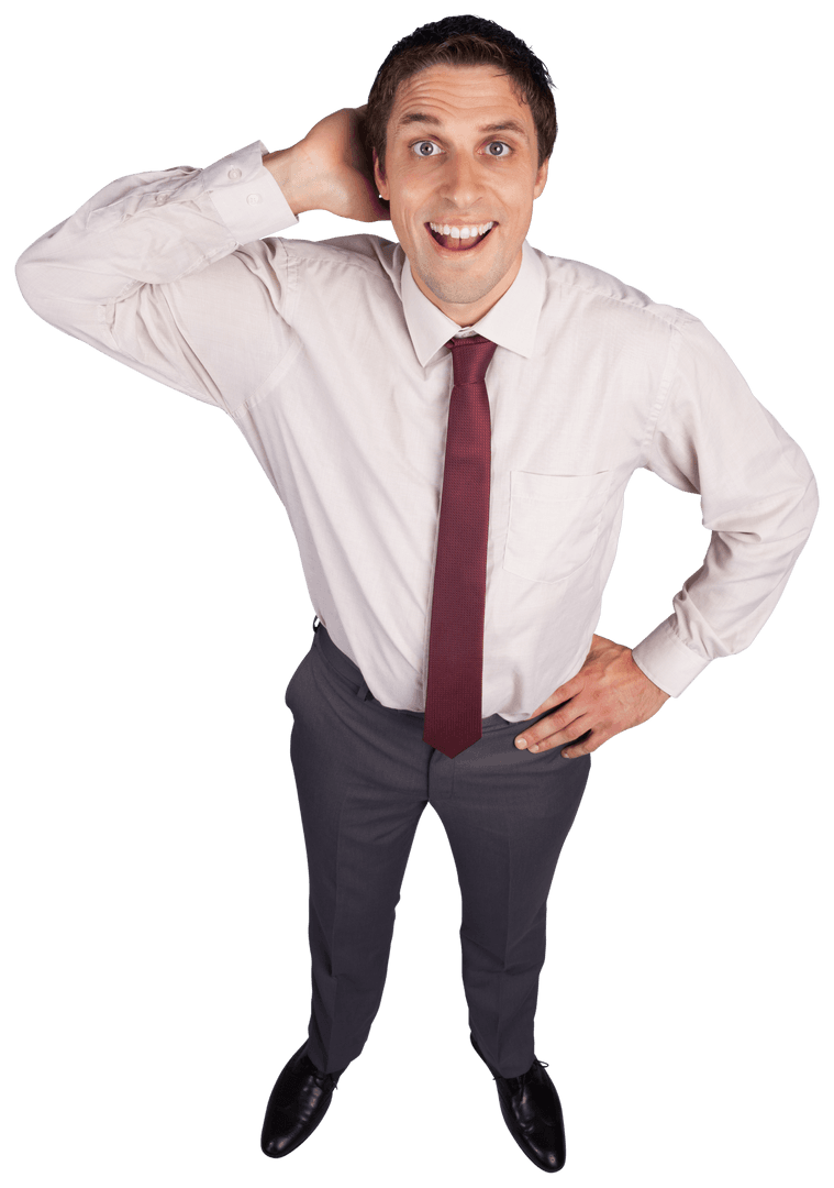Transparent Happy Businessman Scratching Head with Hand on Waist