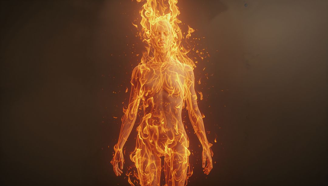 Fiery Humanoid with Flickering Flames in Dark Void