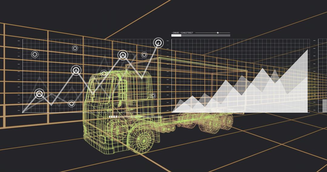 Rendering neon wireframe semi-truck showing data visualization overlay, HUD charts, grid