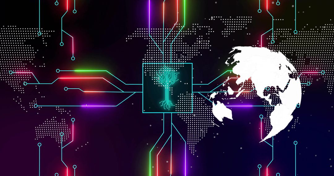 Neon AI processor connecting global network with glowing circuit tree and world map