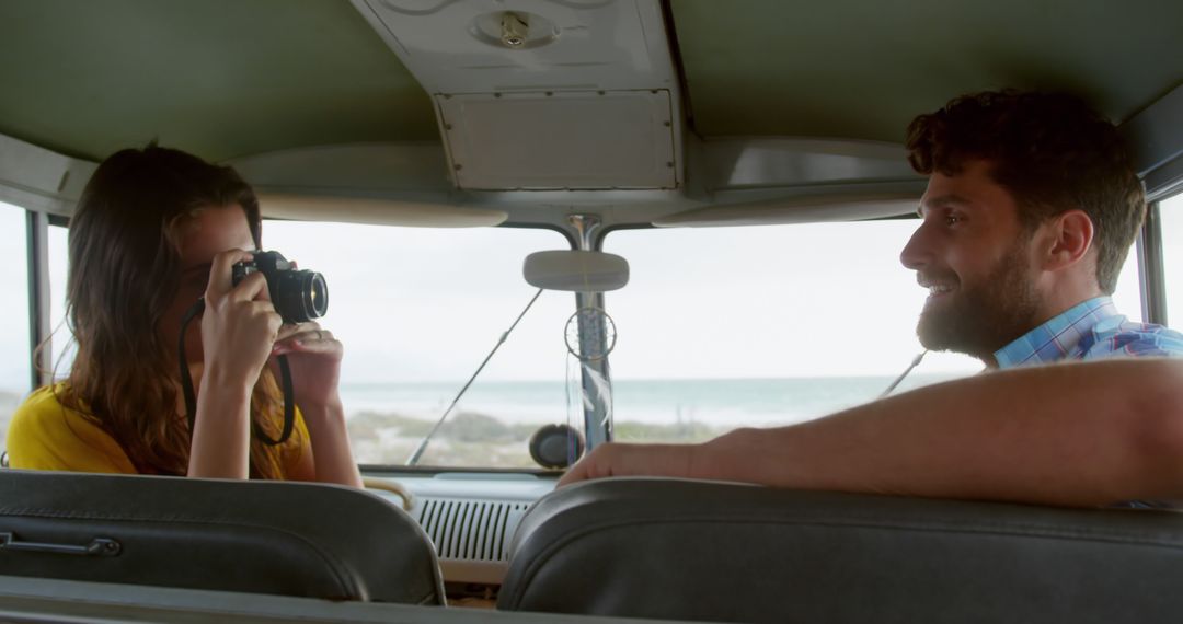 Couple Enjoying Road Trip in Vintage Van by Beach - Free Images, Stock Photos and Pictures on Pikwizard.com