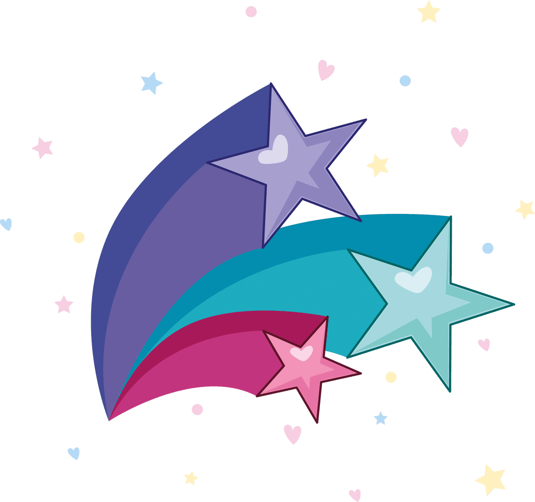 Colorful Shooting Stars and Hearts on Transparent Background