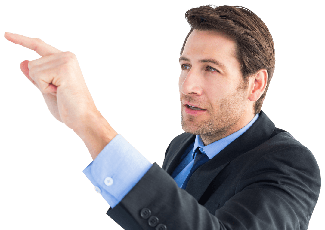 Serious Businessman Pointing Forward on Transparent Background