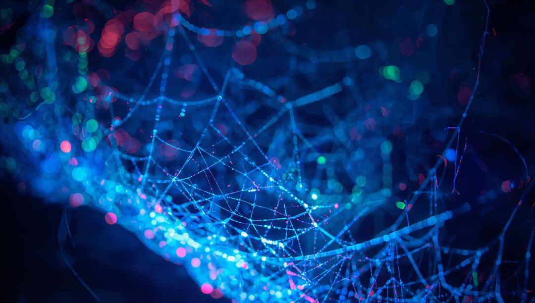 Vibrant Spider Web Illuminated with Blue and Pink Bokeh