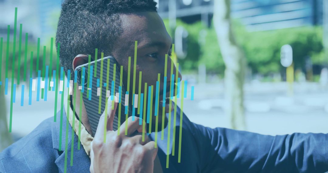 Businessman Using Smartphone with Futuristic Tech Overlay