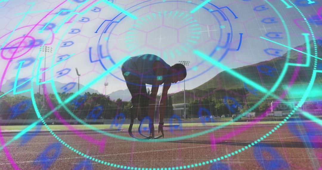 Disabled Athlete with Digital Data Overlay on Track