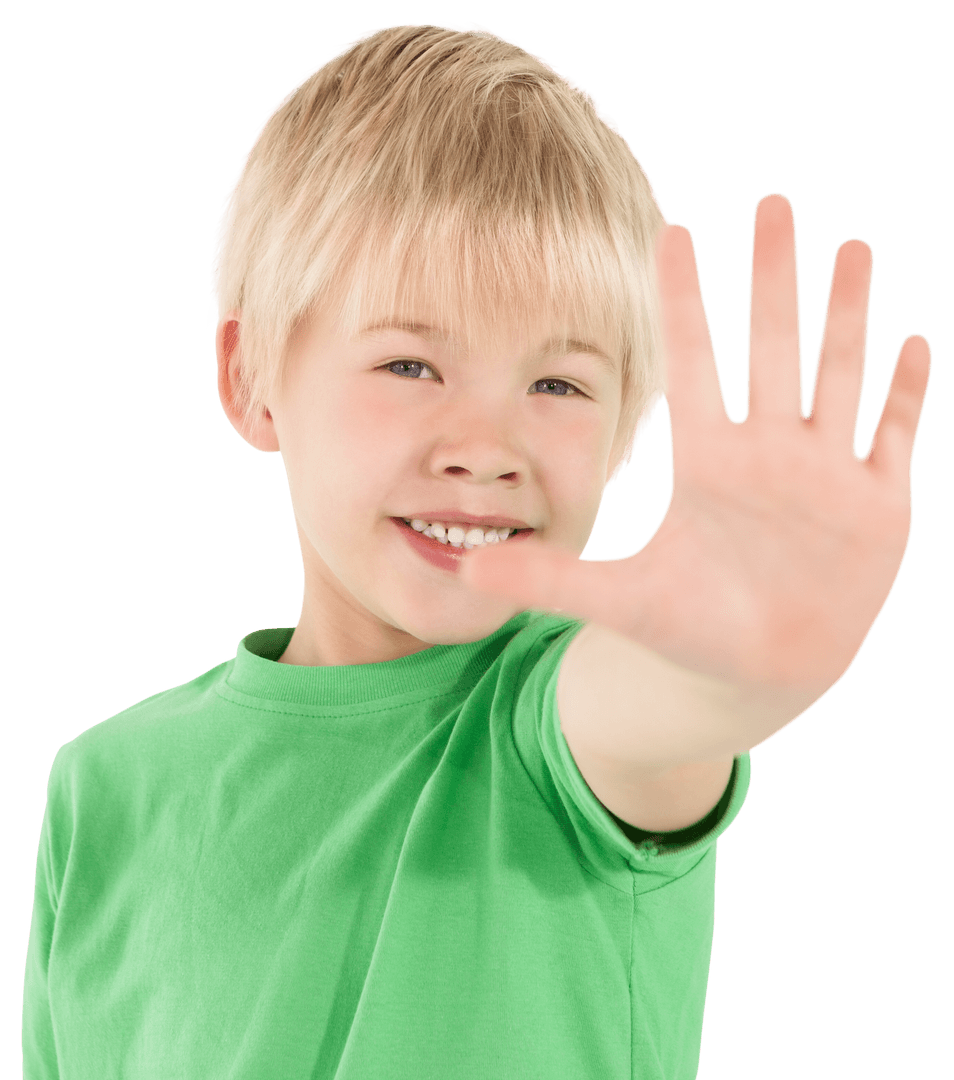 Smiling Boy with Raised Hand in Green Shirt on Transparent Background