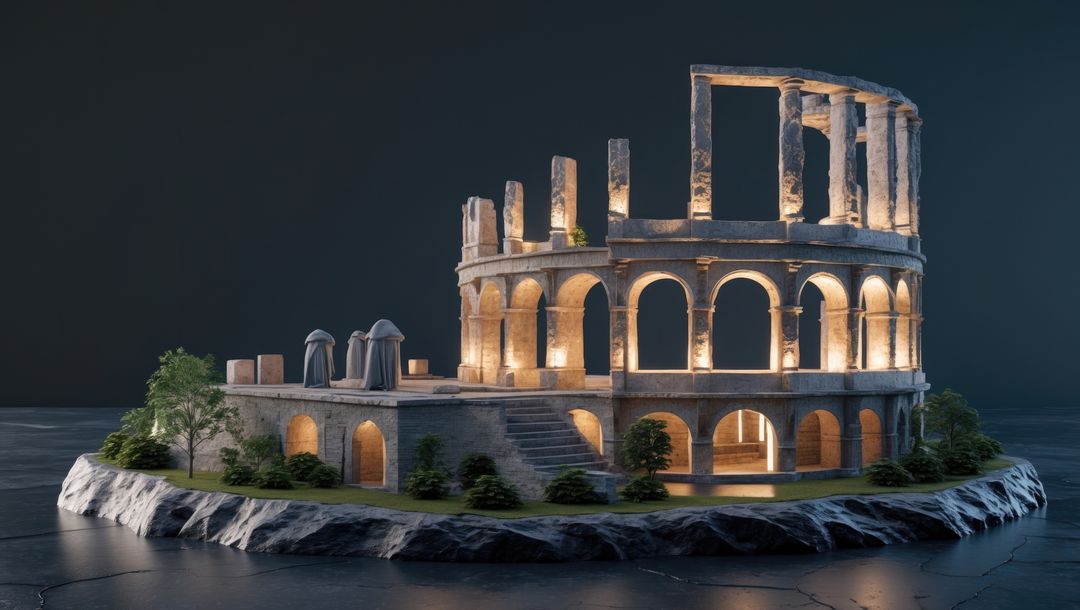 AI-Generated Roman Amphitheater Model on Rocky Islet with Lighting