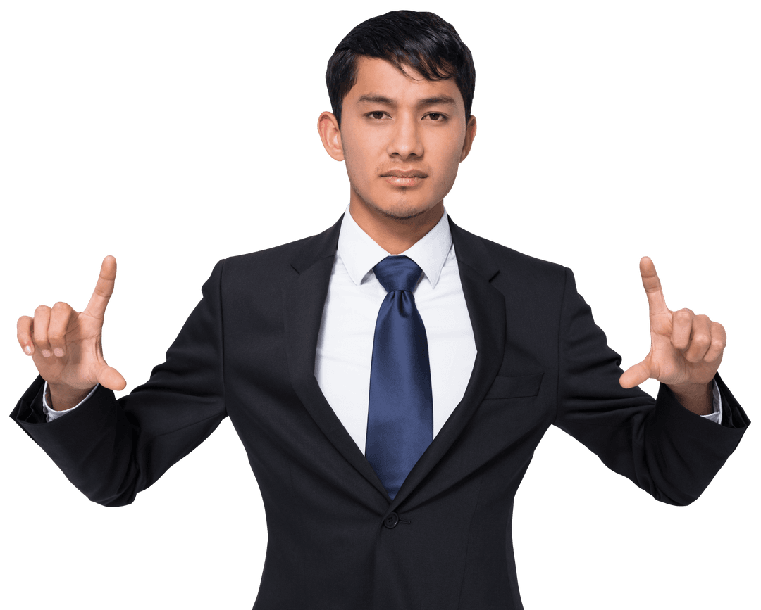 Serious Asian Businessman Pointing on Transparent Background