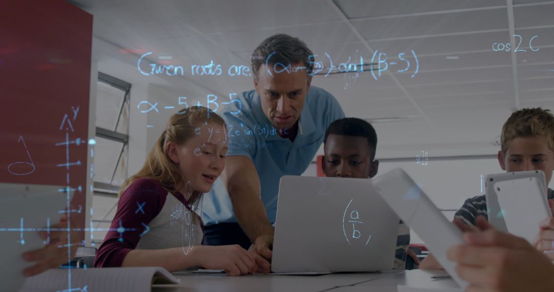 Teacher Guiding Students with Laptops and Digital Math Equations