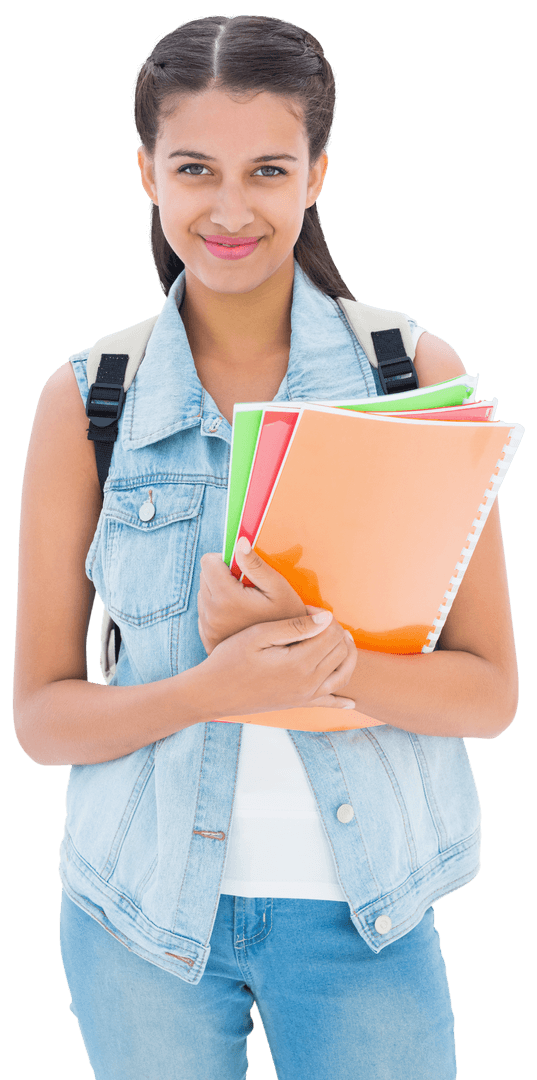 Happy Biracial Student Holding Colorful Folders on Transparent Background