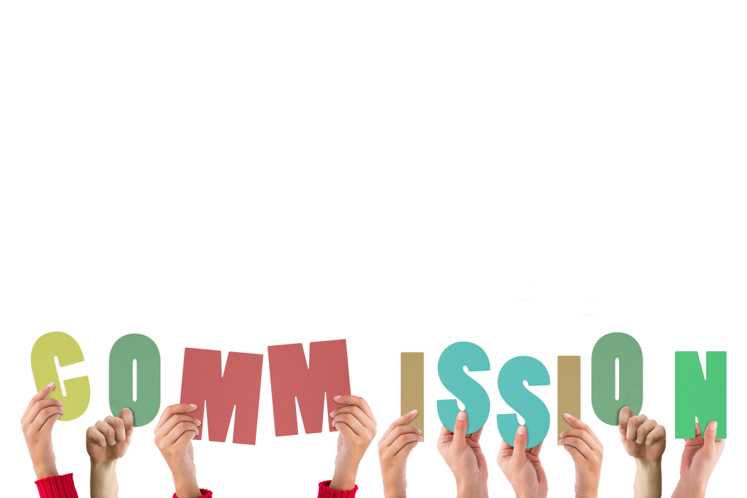 Hands Holding Colorful Commission Letters on Transparent Background