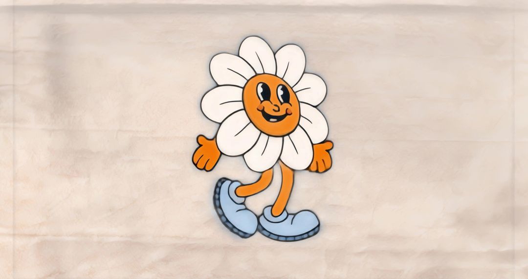 Retro smiling daisy character walking with blue sneakers on vintage paper background