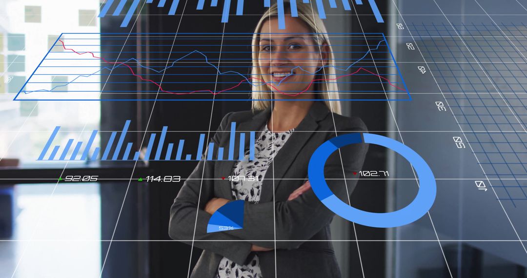 Smiling Businesswoman Surrounded by Digital Graphs in Modern Office