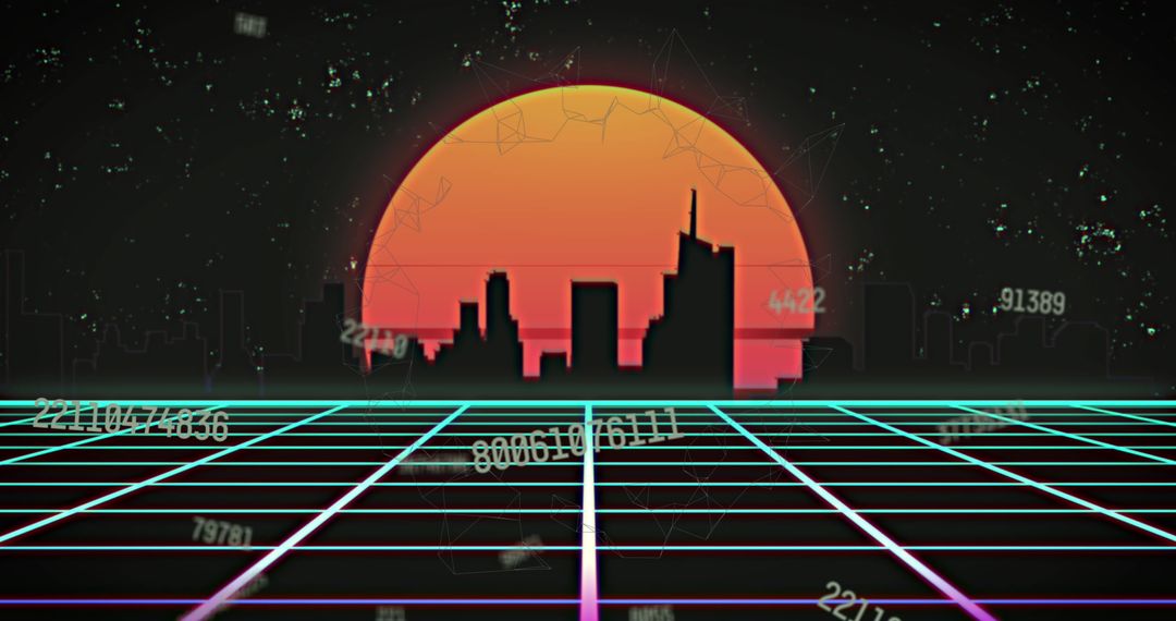 Abstract Futuristic Cityscape with Grid Overlay and Data Interface