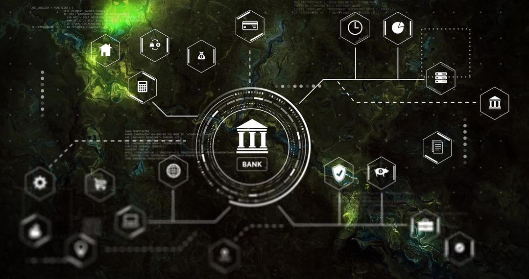 Central Bank Node Connecting Fintech, Cybersecurity, Dataflow and Network Interface HUD
