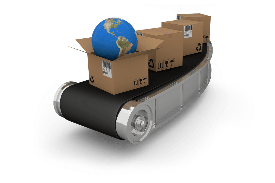 Transparent Globe in Box on Conveyor Belt Symbolizing Global Shipping