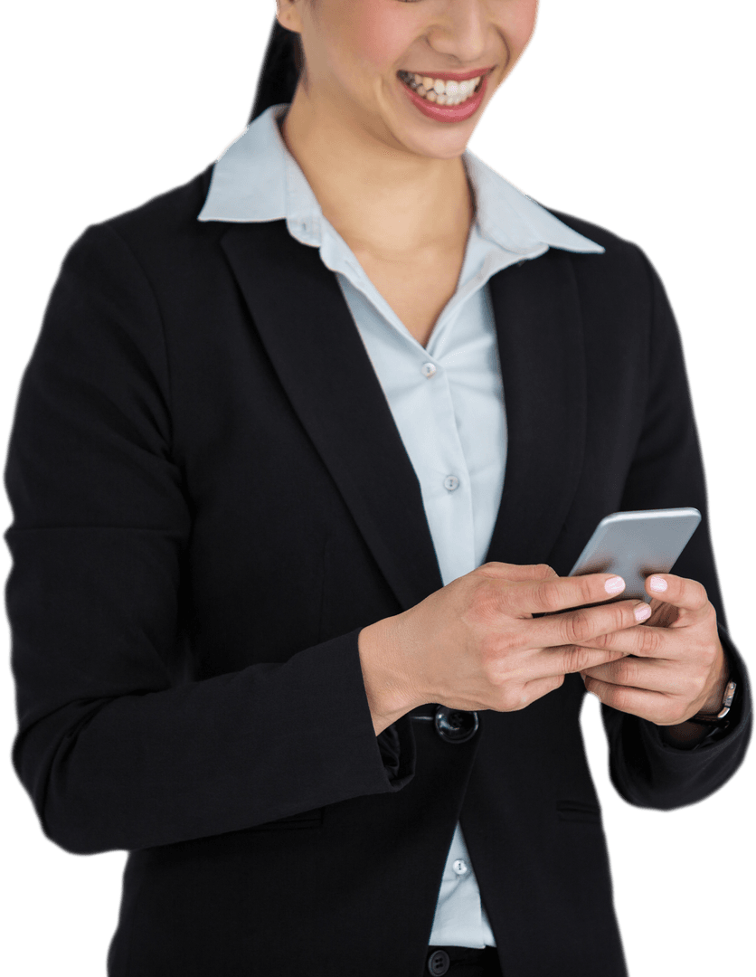 Transparent Businesswoman Smiling While Using Mobile Phone
