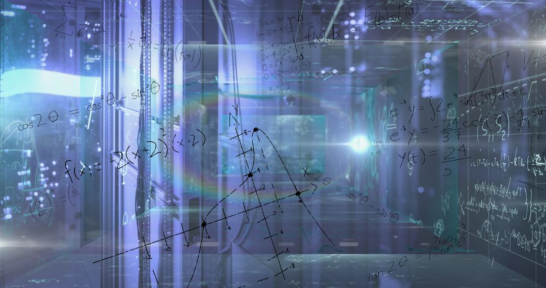 Futuristic Data Center with Digital Equations and Graphs Overlay
